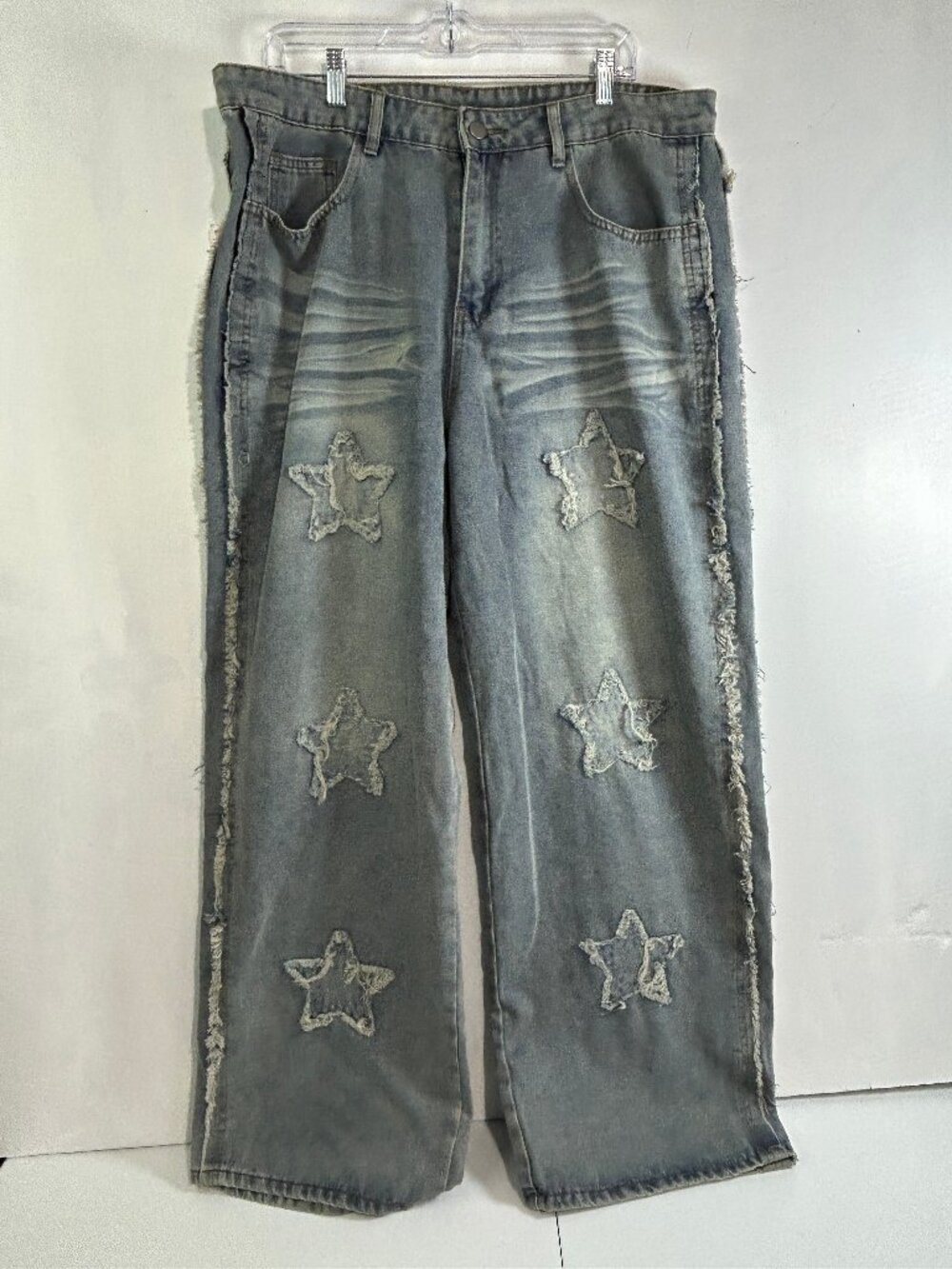 Y2K Star Patch Wide Leg Jeans XXL Distressed Baggy Skater Denim Streetwear
